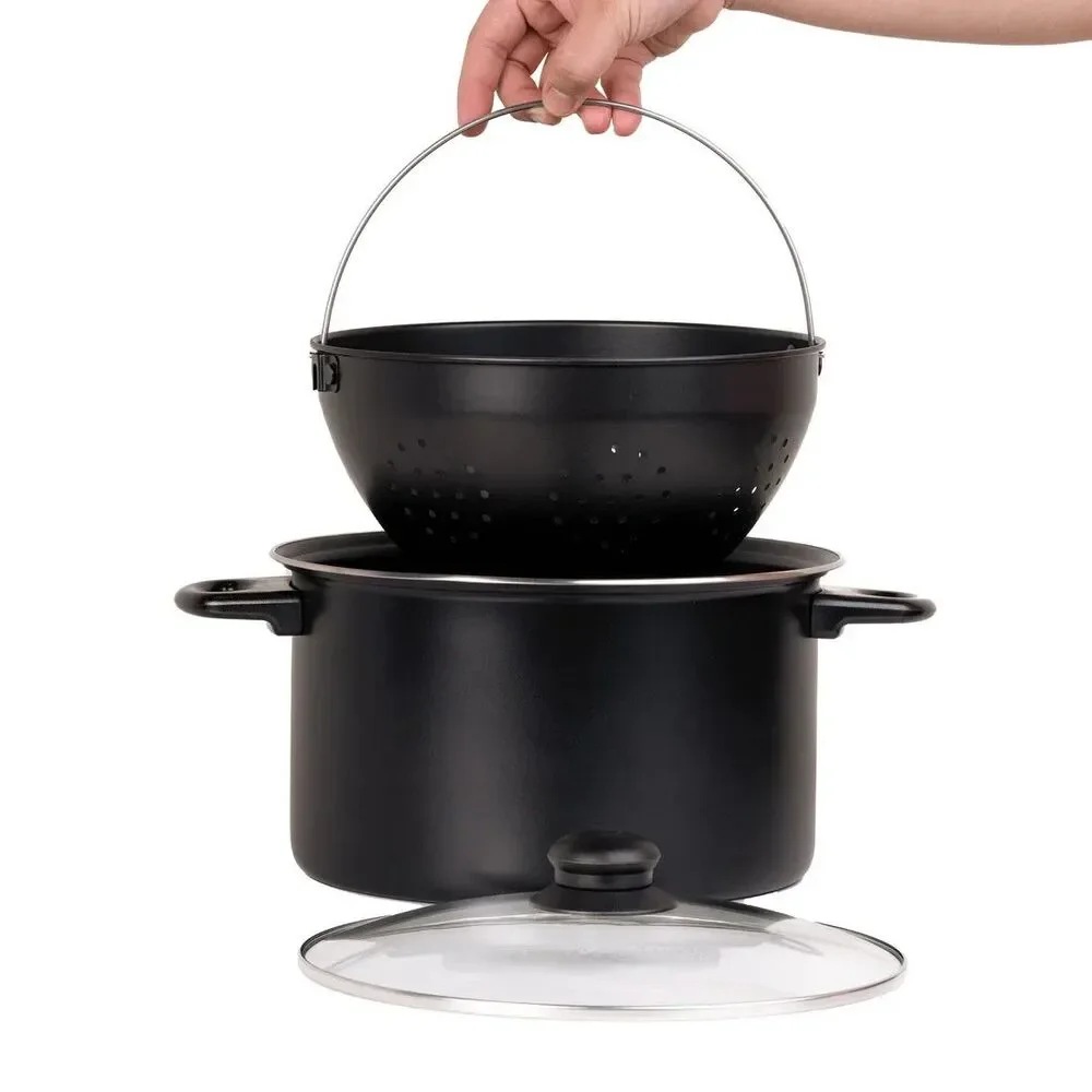 Easy Strain Pot Tilt Non-Stick Cookware 3-pc Black Clear Steam Release Lid NEW
